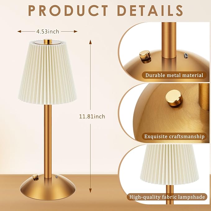 Liliful 2 Pcs LED Portable Cordless Table Lamp Touch Battery Operated Rechargeable Desk Lamp 3 Color Dimmable for Bedroom Living Room Dining (Beige Cloth Style,Gold)