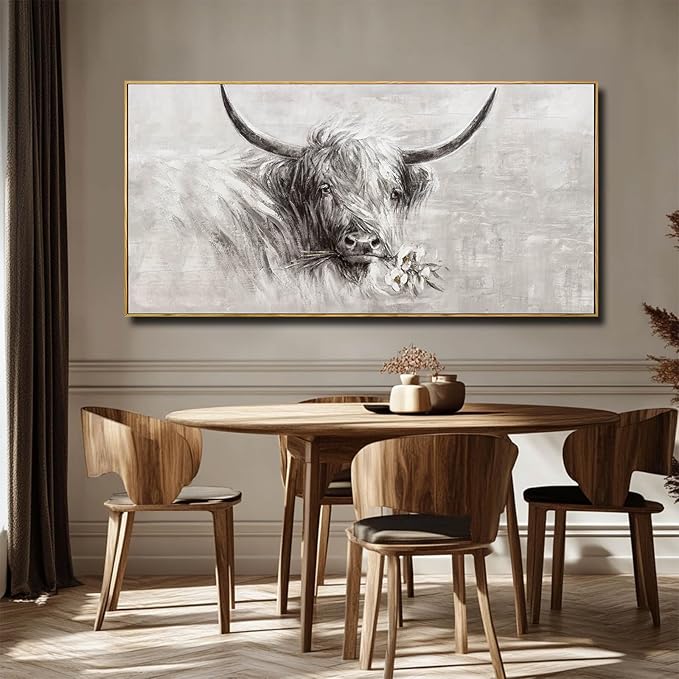 Farmhouse Wall Decor Framed Cow Artwork Grey Vintage Wall Art Canvas Flower Print Rustic Animal Pictures Style for Bedroom Dining Room 24x48 Inch