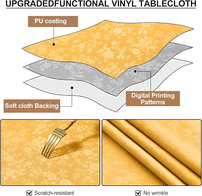 Smiry Rectangle Waterproof Heavy Duty Vinyl Tablecloths, 52 x 70 Inch | Wipeable Washable Floral Embossed Table Cover for Kitchen and Dining Room, Indoor & Outdoor Use, Mustard Yellow