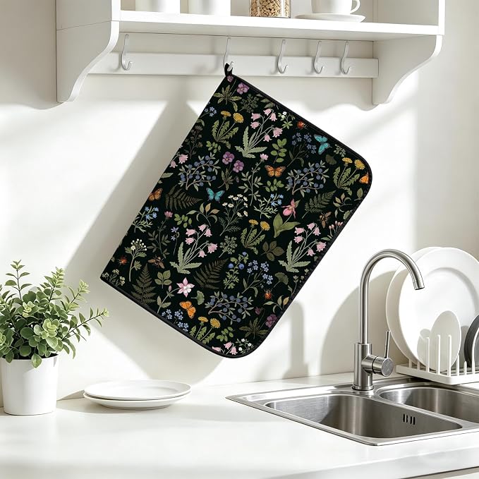 Forest Aesthetics Dish Drying Mat for Kitchen Counter Coffee Bar 18x24 in | Decorative Non Slip Absorbent Kitchen Dishes Drainer Mat, with Anti-slip Rubber Backing & Hanging Loop, for Sink, Home Gift