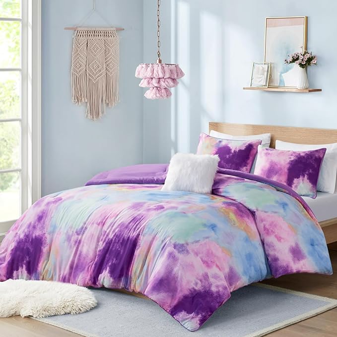 Intelligent Design King Size Comforter Set, Watercolor Comforter Set for Teen Girl & Boys, Tie Dye King Bedding Sets, 4 Pieces Cassiopeia Comforter, Sham, Throw Pillow King/Cal King Lavender