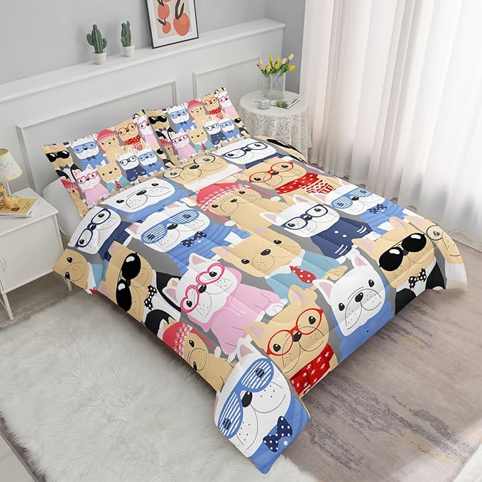 Datura home Dog Comforter Beddding Set for Kids Children,Puppy Pug Cute Dog Pattern Cartoon Career Pet Bedding Set with 1 Comforter and 2 Pillowcases(Dog Queen)