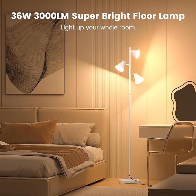 36W LED Tree Floor Lamp, Dimmable Tall Standing Lamp with Remote & Touch Control, 4 Color Temperatures Bright Floor Lamp, 3 Rotatable Light Modern Floor Lamps (White)
