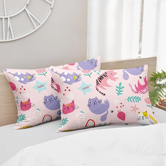 Kawaii Cats Comforter Full Size,Pink Cats Kids Comforter Set,3Pcs Bedding Set Printed Comforter with 2 Pillowcases,Down Alternative,Soft and Lightweight,for All Seasons
