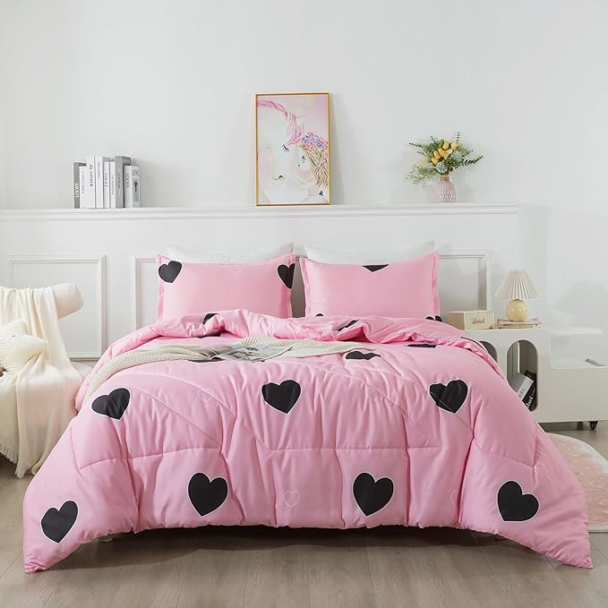 Love Pattern Girls Pink Comforter Set Queen Size, Blush Pink Cute Love Heart Sexy Comforter Bedding Set for All Seasons, Geometric Soft Microfiber 3 Pieces Comforter Set with Pillowcases