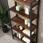 5 Tier Bookcase, Solid Rustic Industrial Etagere Bookcase, Metal and Wood Free Vintage Bookshelf, Retro Brown (Real Wood) (5-Tier)
