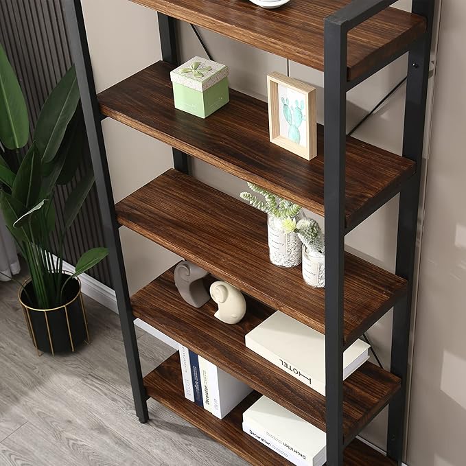 5 Tier Bookcase, Solid Rustic Industrial Etagere Bookcase, Metal and Wood Free Vintage Bookshelf, Retro Brown (Real Wood) (5-Tier)