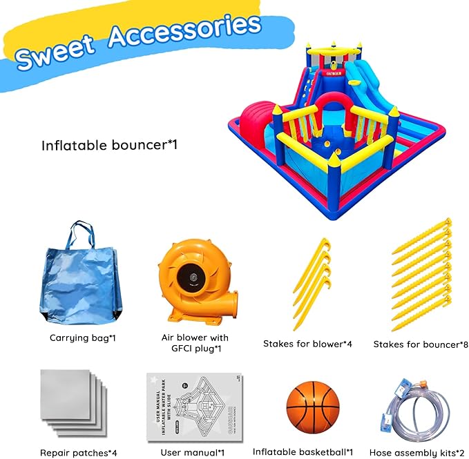 Inflatable Water Slide Park for Party Fun,15x15FT,Big Splash Pool,Long&Short Slides,Fun Crawl Tunnel,Basketball Hoop,GFCI Blower,Bounce Castle for Kids