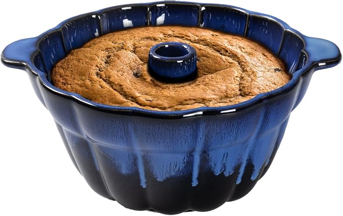 Emeril Lagasse Fluted Cake Pan Stoneware 9.5 in – Pound Cake Baking Pan, Perfect for Baking Delicious Cakes! (Dark Blue)
