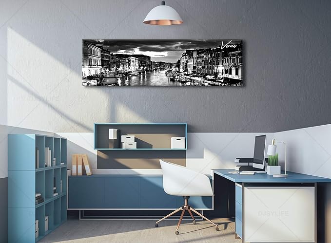 DJSYLIFE Venice Skyline Wall Art Black and White Italy Cityscape Canvas Print Painting Buildings Grand Canal Landscape Pictures Modern Artwork for Man Room Office Living Room Decoration 13.8"x47.3"