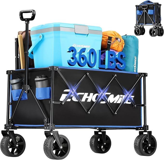 EchoSmile Collapsible Folding Wagon Cart 360lbs, Heavy Duty Garden Utility Cart with All Terrain Wheels, Large Capacity Outdoor Wagon for Camping, Beach, Shopping, Picnic (Blue Black)