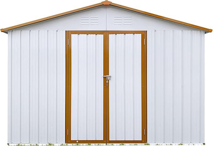 Sheds & Outdoor Storage 12 ft × 10 ft Storage Shed Large Classic Apex Roof Metal Garden Storage Sheds with Hinged Door Tool Cabinet for Backyard, Patio, Poolside, White + Yellow