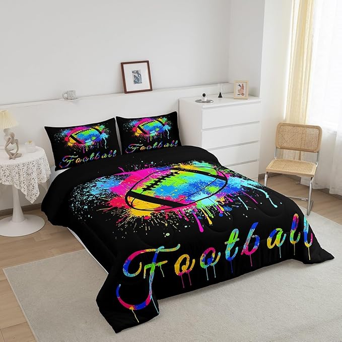 Kids Football Comforter Set Full Size Rugby Sports Game Bedding Set for Boys Girls Teens Bedroom Decor Tie Dye Comforter Women Men Soccer Player Duvet Set with 2 Pillow Case