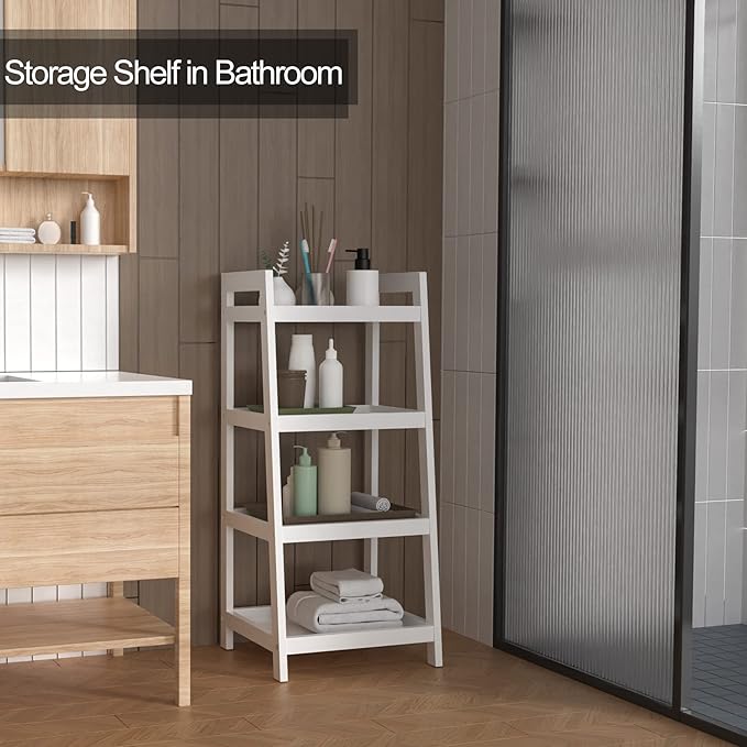 4 Tier Bamboo Bookshelf, Free Standing Ladder Shelf, Storage Shelf Rack for Bathroom, Kitchen, Living Room - White
