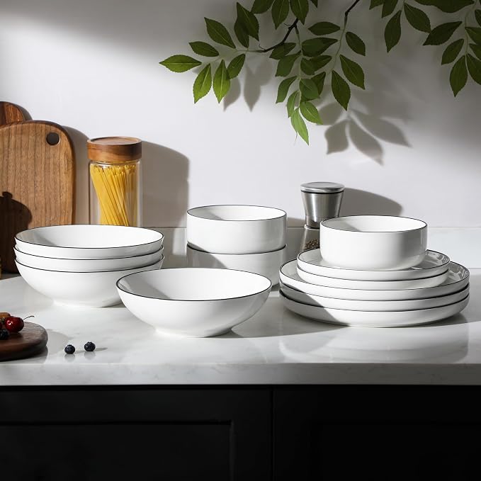MALACASA 24 Pcs Porcelain Plates and Bowls Sets,Dinnerware Set for 6,White | Modern Ceramic Dishware Set,Kitchen Dining Ware,Microwave and Dishwasher Safe,Simple White with Black Trim Design,Series LUNA