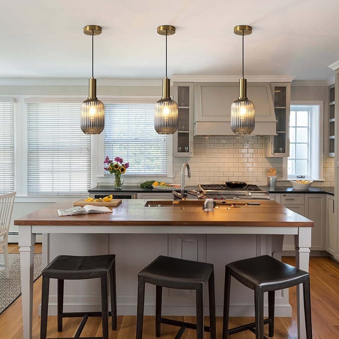 KCO Farmhouse Small 5.1” Smoke Gray Ribbed Cylinder Glass Pendant Light | E26 Bulb Hardwired, Adjustable Cord MCM Vintage Ceiling Hanging Lamp for Sloped Ceiling Kitchen Island Dining Room Bedroom