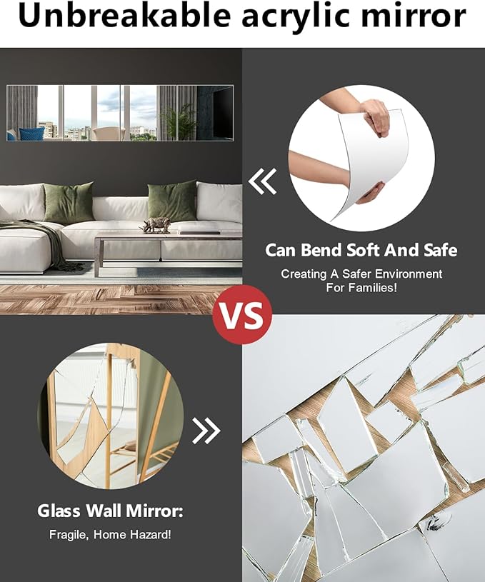 Full Length Wall Mirror Tiles, 12'' x 12'' x 4PCS, Acrylic Unbreakable Full Body Mirror for Bedroom Squares Shatterproof Mirror Sheets Wall Mounted for Home Gym Door Plexiglass Mirrors Safe for Kids