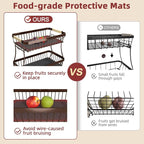 2-Tier Fruit Basket with Banana Hangers, Detachable Metal Bowl | Wooden handle, protective mats included. Versatile holder for bread, snacks, and veggies. Extra Large 2 tier metal design.