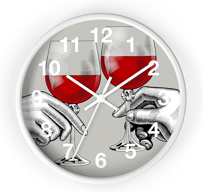 Mozingo ~ Wine Clock for Kitchen Bar Wall It's Wine O'clock Silent Time Gift Home Decor Made In USA, 10" (Hour Marks - Numbers, Clock Frame Color - White, Wine Theme #04)