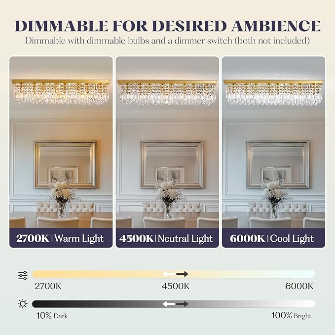 Rectangle Chandelier 8-Light Crystal Chandeliers, Modern Dining Room Light Fixture Luxury Gold Rectangular Flush Mount Chandelier Ceiling Light for Dining Room Living Room Kitchen Island Bar L40 Inch