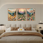 HPINUB Mountain Sunset Floral Framed Canvas Wall Art Set,Colorful Wildflower Daisy Flower Wall Decor,Boho Blossom Botanical Artwork Modern Nature Landscape Art Print for Living Room,Bedroom-16 x24 x3