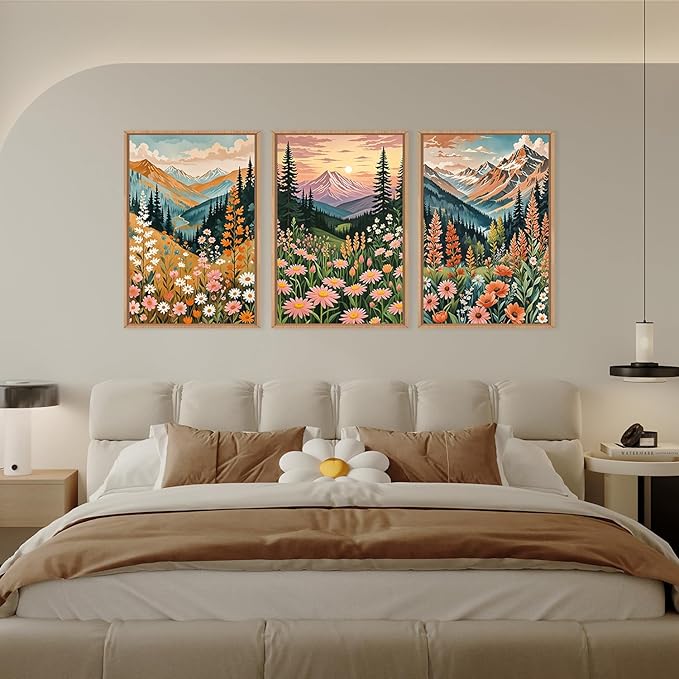 HPINUB Mountain Sunset Floral Framed Canvas Wall Art Set,Colorful Wildflower Daisy Flower Wall Decor,Boho Blossom Botanical Artwork Modern Nature Landscape Art Print for Living Room,Bedroom-16 x24 x3
