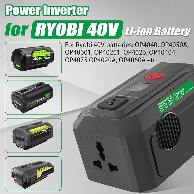 Power Inverter for Ryobi 40V Battery,200W Power Supply Inverter DC 18V to AC 110V, with USB Port & Type C PD3.0 Output Port & LED Lighting