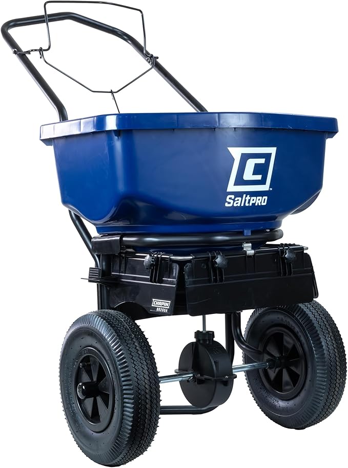 Chapin 88200A Spreader, Salt, Ice Melt, All Season, Walk Behind, Spiked Auger, Adjustable Baffles, 12" Tires, Coated Steel Frame, Enclosed Gears, Weather-Resistant, Rain Cover, 80Lbs