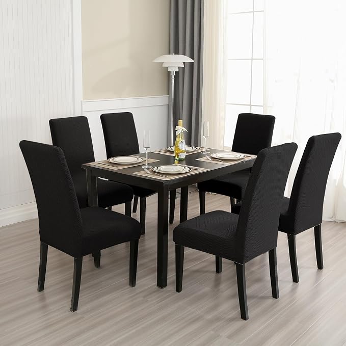 MOSAYT 100% Waterproof Dining Room Chair Covers Set of 6, Super Fit Stretch Jacquard Parson Chairs Slipcovers Removable Washable Chair Seat Protectors for Home, Kitchen, Banquet (Black)