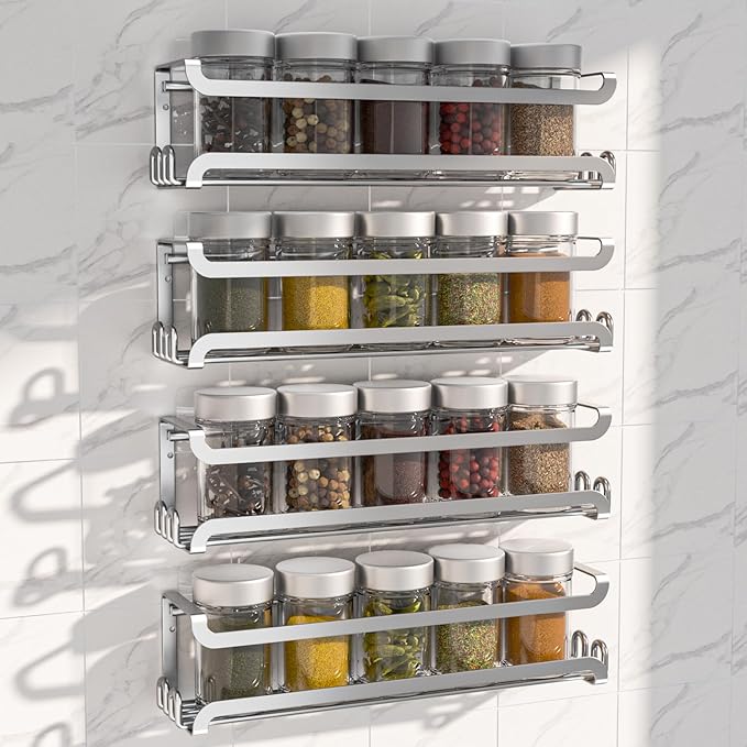 LUCYCAZ 4 Pack Wall Mounted Spice Rack with 16 Hooks, Spice Organizer Shelf for Stove Cabinet Pantry Door,Screw or Adhesive Spice Shelf Hanging Wall Spice Rack in Kitchen and RV (Silver, 4 PACK)