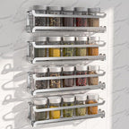 LUCYCAZ 4 Pack Wall Mounted Spice Rack with 16 Hooks, Spice Organizer Shelf for Stove Cabinet Pantry Door,Screw or Adhesive Spice Shelf Hanging Wall Spice Rack in Kitchen and RV (Silver, 4 PACK)