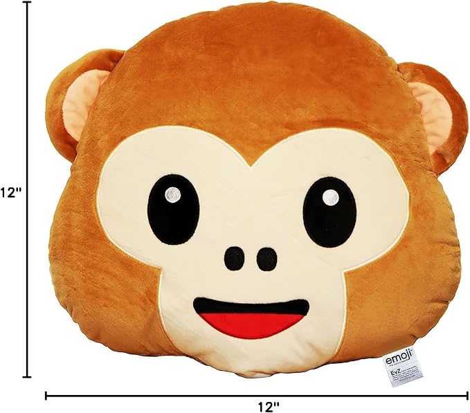 EvZ Official Certified Monkey Emoji Pillow - 32cm Large Soft Plush See-No-Evil Ape Emoticon Cushion - Cute Animal Decorative Stuffed Toy for Kids, Jungle Theme Decor & Funny Gift (Brown)