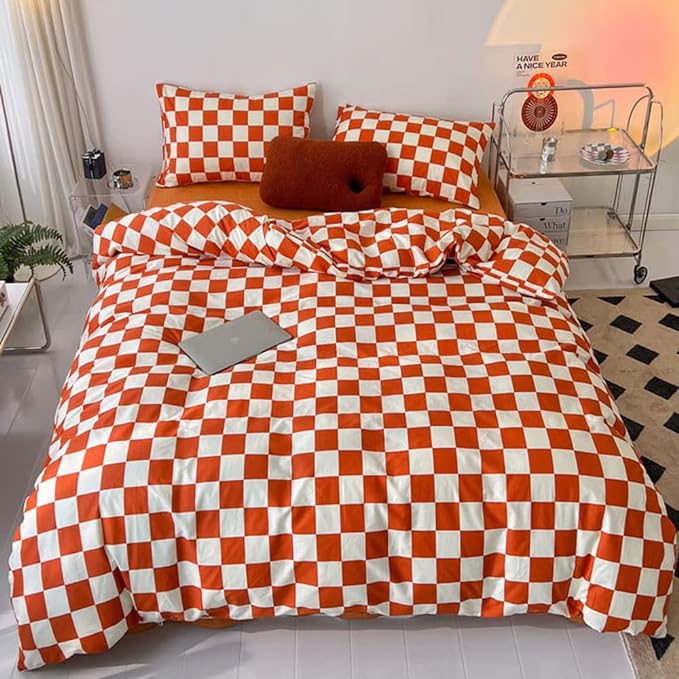 Wellboo Orange White Plaid Comforter Sets Queen Women Girls Light Red Checkerboard Bedding Comforters Cotton Rust Caramel and White Checkered Geometric Quilts Adults Modern Grid Abstract Simple Bed