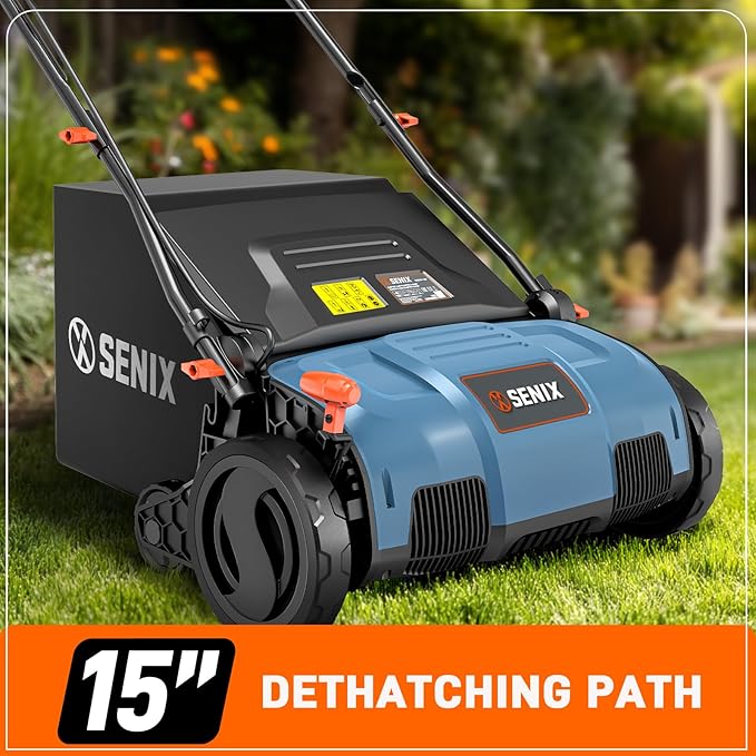 SENIX 13 Amp 15-Inch 2-in-1 Electric Dethatcher and Scarifier with 13.2-Gal Collection Bag,4-Position Depth Adjustment,Walk Behind for Lawn Garden Care Removing Thatch,Quick-Fold(SCE13-M)