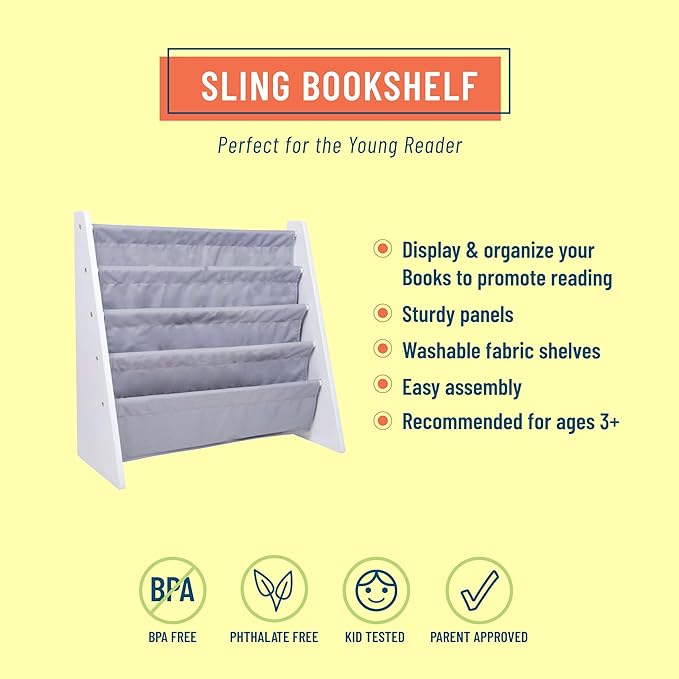 Wildkin Kids Canvas Sling Bookshelf for Boys and Girls, Wooden Design Features Four Fabric Shelves, Keep Bedrooms, Playrooms, and Classrooms Organized, Measures 25 x 24 x 11 Inches (White w/Gray)