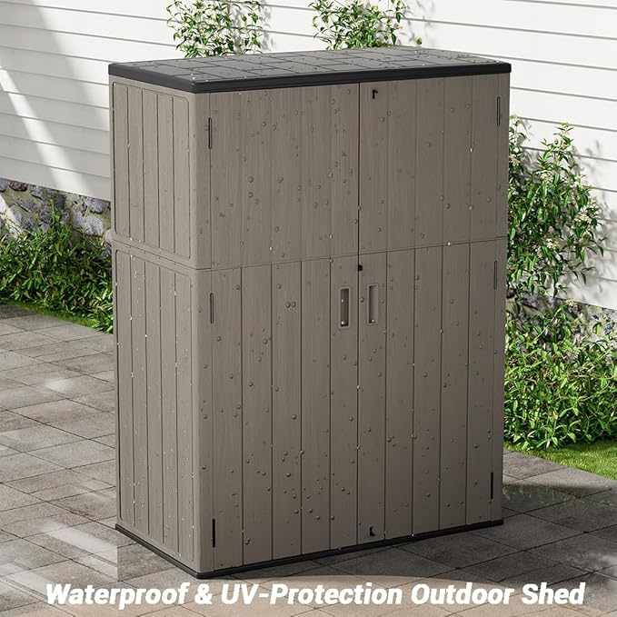 KINYING Outdoor Storage Cabinet Waterproof, 57 Cu.ft Resin Vertical Outdoor Storage Shed for Patio Furniture, Garden Tools, Pool Accessories, Mower Storage (Brown)