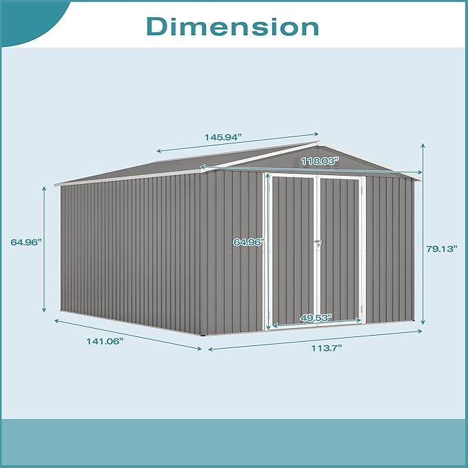 Metal Shed10x12 ft Outdoor Storage Shed,Metal Steel Utility Tool Shed Storage House with Double Lockable Doors and Air Vent for Backyard Garden Patio Lawn Gray