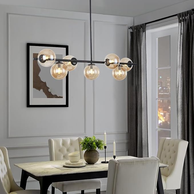 Mid Century Modern Linear Chandelier, 7-Light Black Pendant Light with Amber Glass Globes, Dimmable Kitchen Island Lighting Dining Room Light Fixtures Over Table for Living Room, Entryway & Bedroom