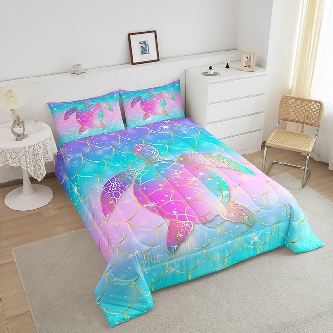 Erosebridal Mermaid Scales Comforter Set for Girls, Tortoise Reptile Bedding Set King Size, Sea Turtle Ocean Life Duvet Sets for Kids Children Boys Women, Sweet Girly Down Comforter, Teal Blue