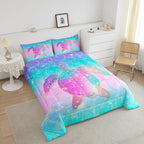 Erosebridal Mermaid Scales Comforter Set for Girls, Tortoise Reptile Bedding Set Full Size, Sea Turtle Ocean Life Duvet Sets for Kids Children Boys Women, Sweet Girly Down Comforter, Teal Blue