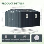 10X12X7.5 FT Outdoor Steel Storage Shed with Lockable Doors, 2 Windows, Transparent Roof Panels, Metal Frame Floor (Wood Panels Not Included), Ideal for Backyard, Patio Storage,Chicken Coop