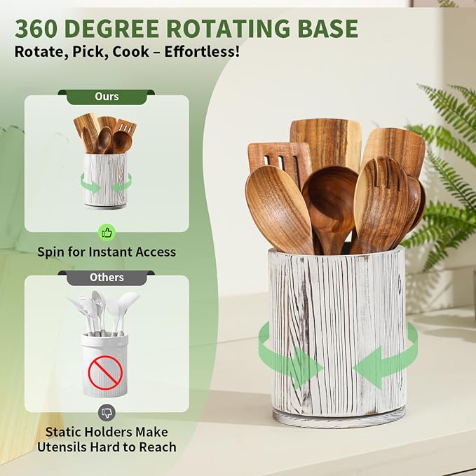 Distressed White Utensil Holder, 360° Rotating 7.3 in Kitchen Organizer | Farmhouse countertop decor. 360° rotating base holds spatulas, ladles, tongs, and cooking tools. Distressed white finish.