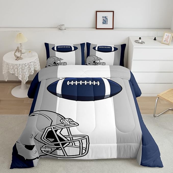Feelyou Kids Football Comforter Set Queen Size Rugby Sports Bedding Set for Boys Teens Decor Soccer Ball Game Comforter American Football Grey Blue Duvet Set Quilt 3Pcs Boys