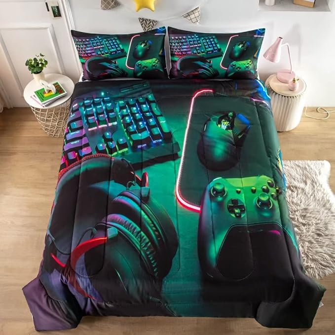 Gamer Comforter Sets for Teen Boys,Gaming Bedding Sets Full,Video Game Bedspread,Game Gamepad Bed Set,Controller Bedding Gamer Home Decor 3 Piece 1 Comforter and 2 Pillowcases