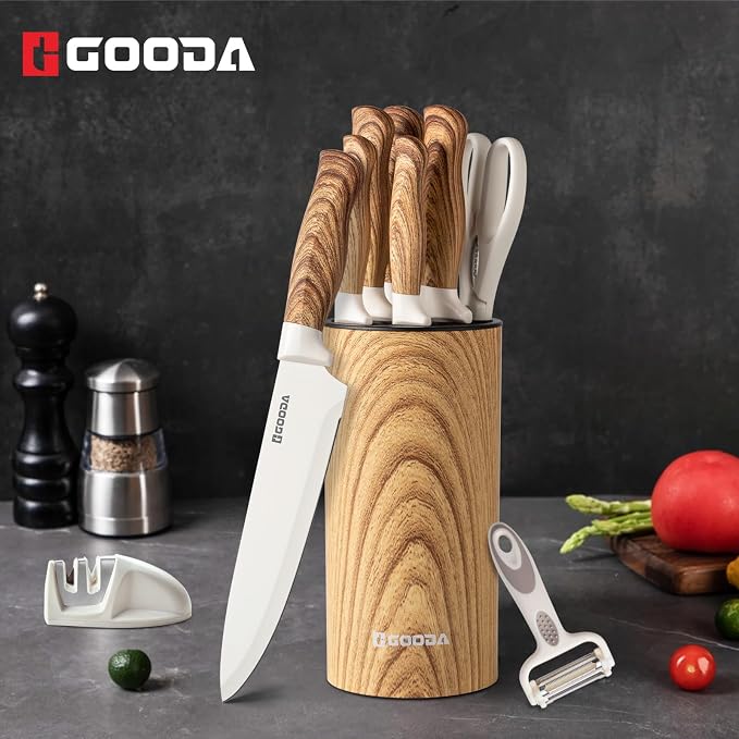 Knife Set,GOODA 9 Piece Kitchen Knife Set with Block and Sharpener, Anti-Rust Stainless Steel Cooking Knives Set for Kitchen, Chef Knife Block Set