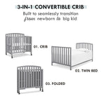 DaVinci Dylan Folding Portable 3-in-1 Convertible Mini Crib and Twin Bed in Grey, Greenguard Gold Certified