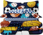 Kids Boys Comforter Set Full Bed in a Bag w/Sheet Sets, Blue Full Bedding Sets for Teens Soccer Basketball Baseball Football Sports Themed Bedroom Decor Reversible Design