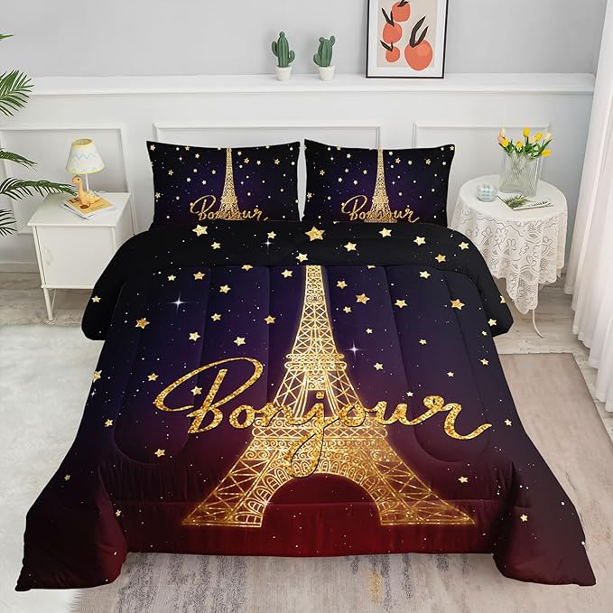 Datura home Kids Comforter Set Eiffel Tower Printed Pattern Bedding Set with 1 Comforter and 2 Pillowcases for Girls Boys Bedroom All Season(Tower Twin)