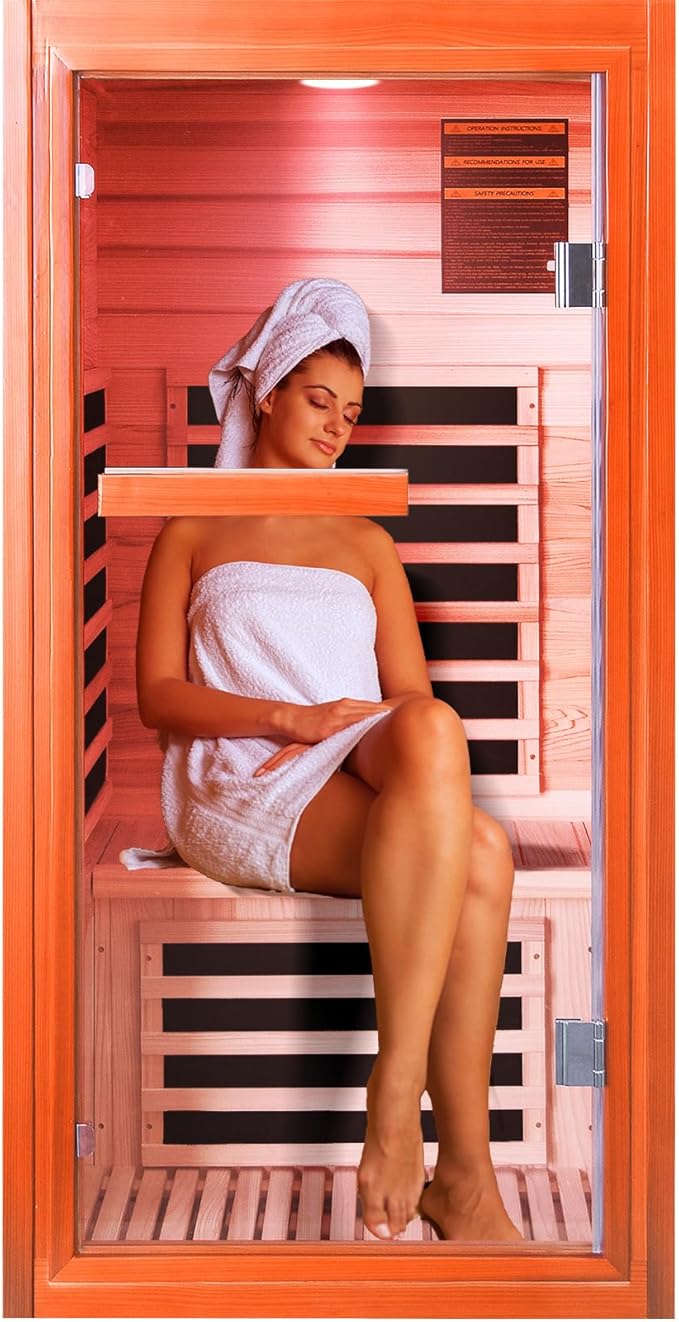 Sauna, Far Infrared Saunas for Home 1 Person Wooden Sauna 1065W/120V Low Emf Dry Sauna Indoor Sauna Room with Tempered Glass Door/Speakers/Air Hole and Colored Lighting - 31.5 * 31.5 * 63 in