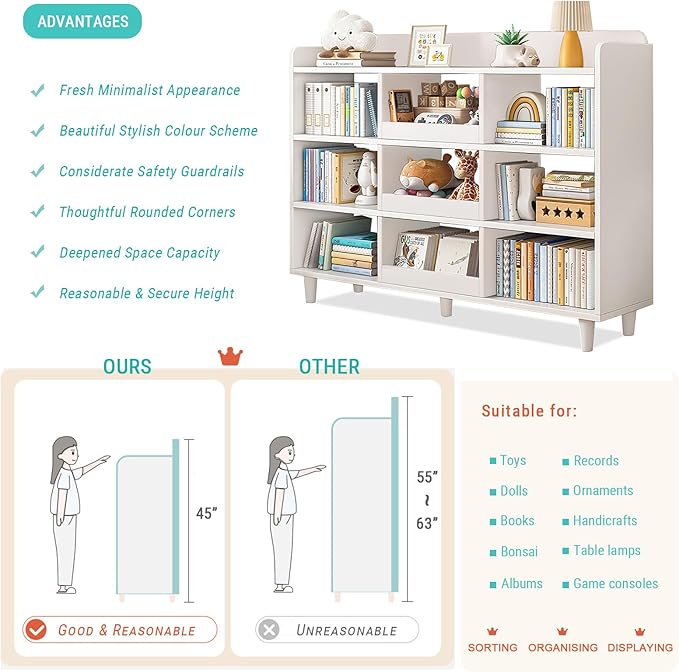 Wooden Cube Bookcase with Legs - 3-Tier Open Shelf Kidsroom Sorted Storage Cabinet Organizer for Books and Toys, 9-Cube Lattice Cute Cubby Bookshelf in Pearl White, 39" W